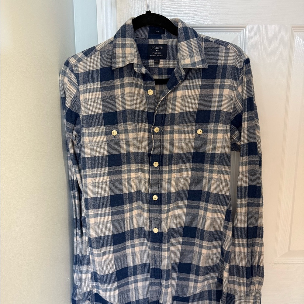J. Crew Men's Blue & White Plaid Flannel Shirt XS Slim madras